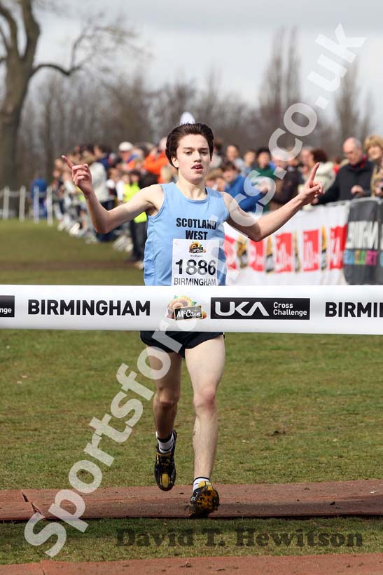 Euan Gilham (Scotland West) wins the Under-15 Boys, McCain Inter Counties Cross Country, Cofton Park, Birmingham.